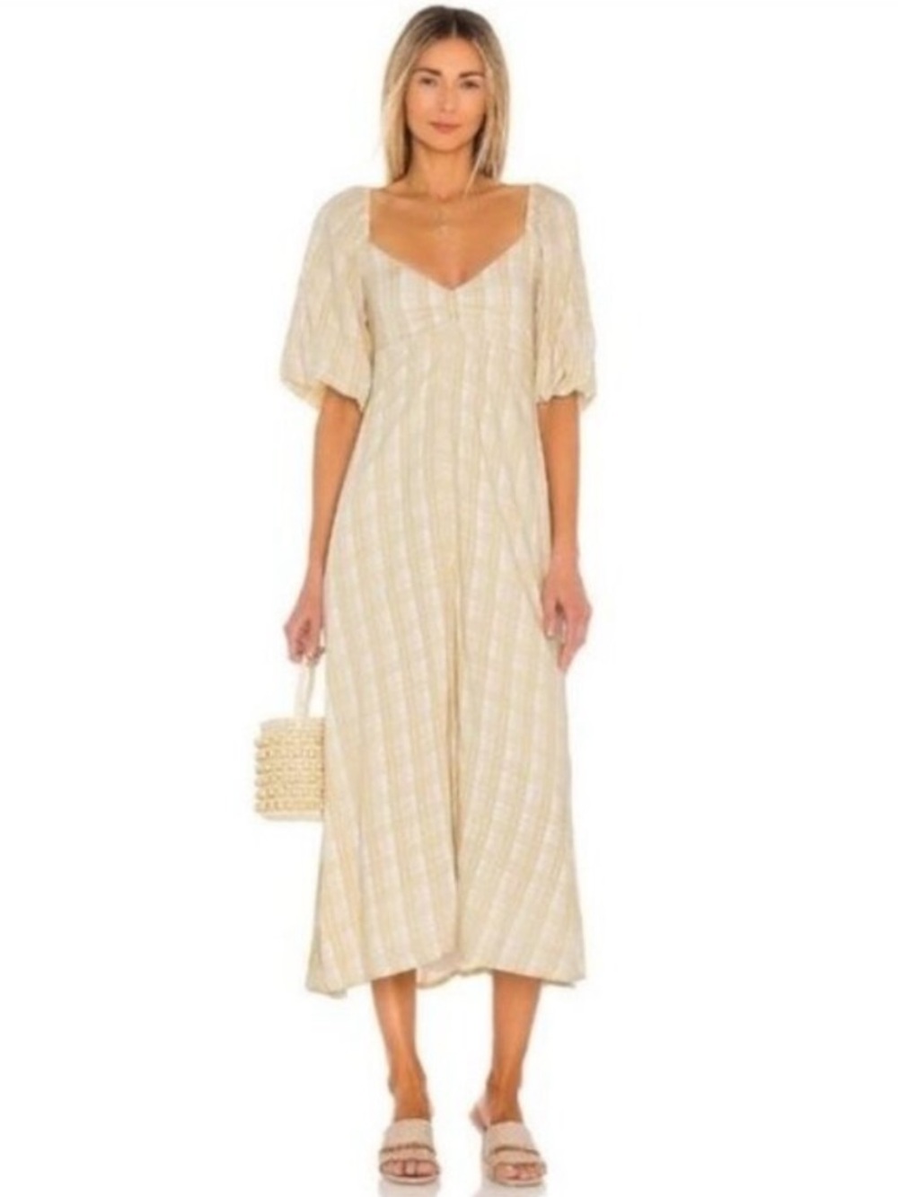 Faithfull the Brand yellow plaid Check print Imanie smocked Midi Dress 8